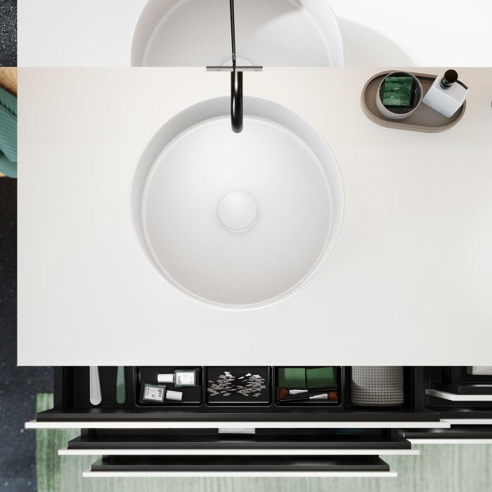 burgbad Lin20 Waschtischunterschrank mit Konsolenplatte 160 cm, 6 Auszüge, Beckenausschnitt links und rechts