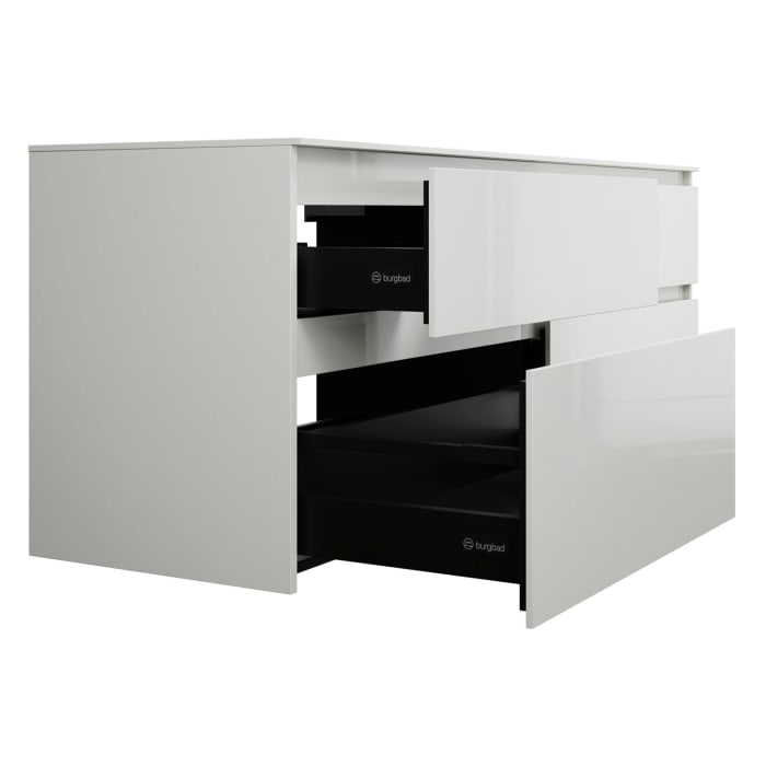 burgbad Lin20 Waschtischunterschrank mit Konsolenplatte 160 cm, 4 Auszüge, Beckenausschnitt links