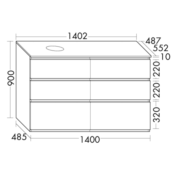 burgbad Lin20 Waschtischunterschrank mit Konsolenplatte 140 cm, 6 Auszüge, Beckenausschnitt links