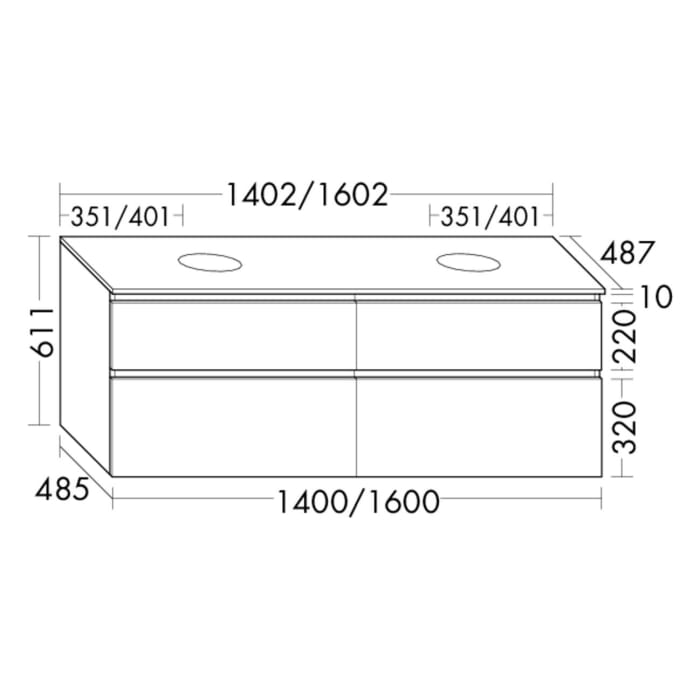 burgbad Lin20 Waschtischunterschrank mit Konsolenplatte 140 cm, 4 Auszüge, Beckenausschnitt links und rechts