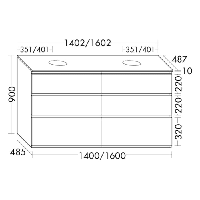 burgbad Lin20 Waschtischunterschrank mit Konsolenplatte 140 cm, 6 Auszüge, Beckenausschnitt links und rechts