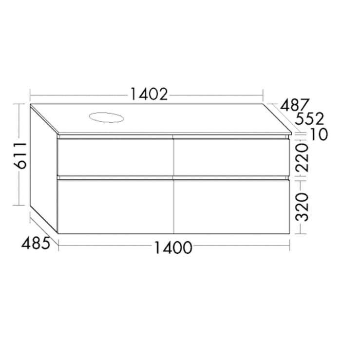 burgbad Lin20 Waschtischunterschrank mit Konsolenplatte 140 cm, 4 Auszüge, Beckenausschnitt rechts