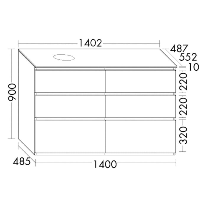burgbad Lin20 Waschtischunterschrank mit Konsolenplatte 140 cm, 6 Auszüge, Beckenausschnitt rechts