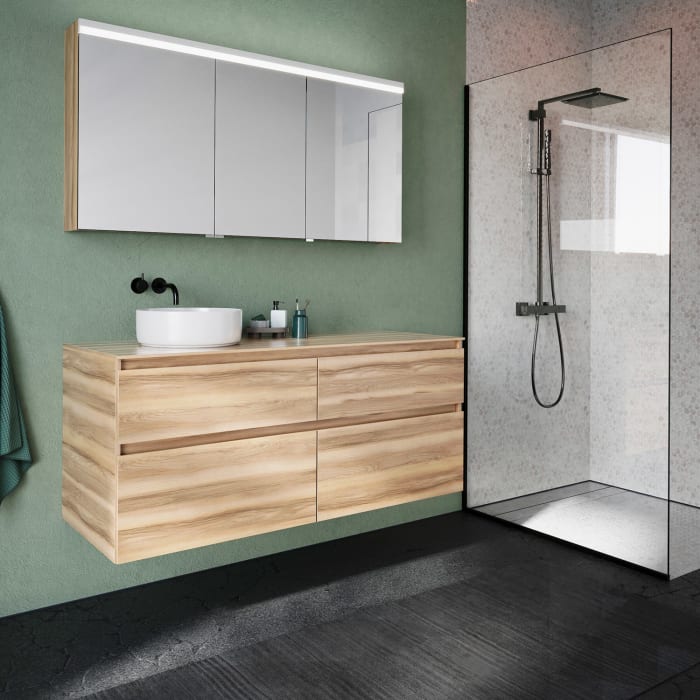 burgbad Lin20 Waschtischunterschrank mit Konsolenplatte 140 cm, 4 Auszüge, Beckenausschnitt links