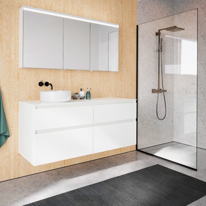 burgbad Lin20 Waschtischunterschrank mit Konsolenplatte 140 cm, 4 Auszüge, Beckenausschnitt links