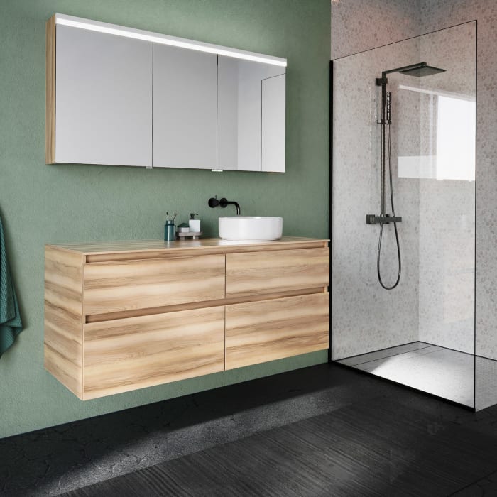 burgbad Lin20 Waschtischunterschrank mit Konsolenplatte 140 cm, 4 Auszüge, Beckenausschnitt rechts