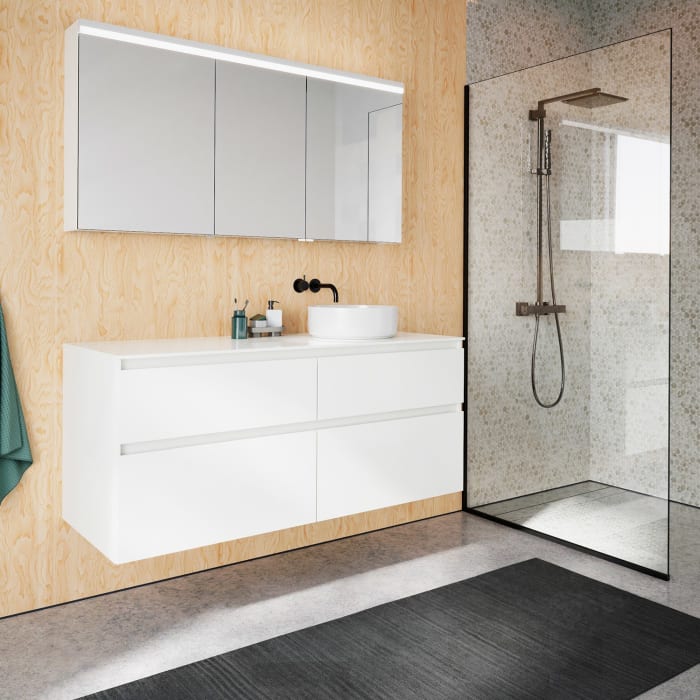 burgbad Lin20 Waschtischunterschrank mit Konsolenplatte 140 cm, 4 Auszüge, Beckenausschnitt rechts