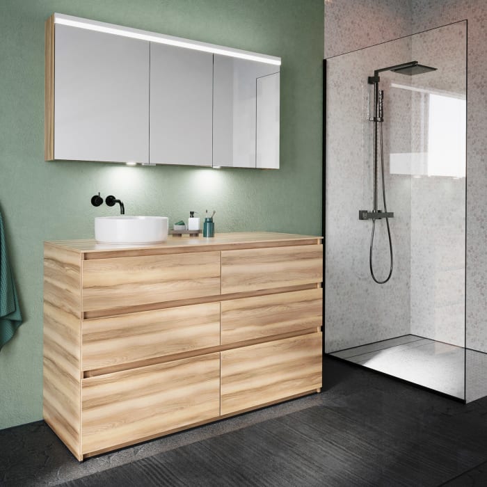 burgbad Lin20 Waschtischunterschrank mit Konsolenplatte 140 cm, 6 Auszüge, Beckenausschnitt links