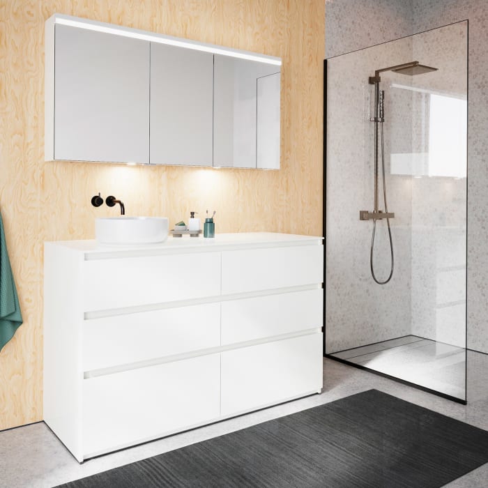 burgbad Lin20 Waschtischunterschrank mit Konsolenplatte 140 cm, 6 Auszüge, Beckenausschnitt links