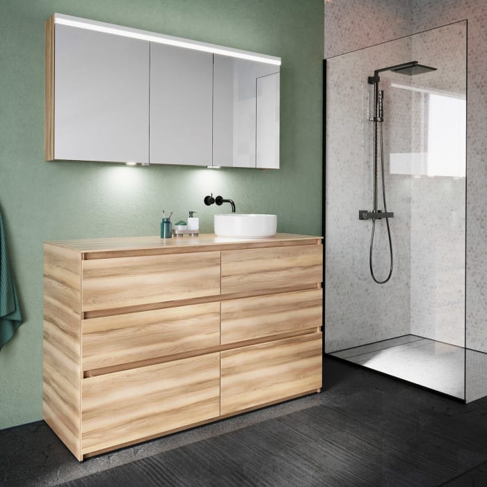 burgbad Lin20 Waschtischunterschrank mit Konsolenplatte 140 cm, 6 Auszüge, Beckenausschnitt rechts