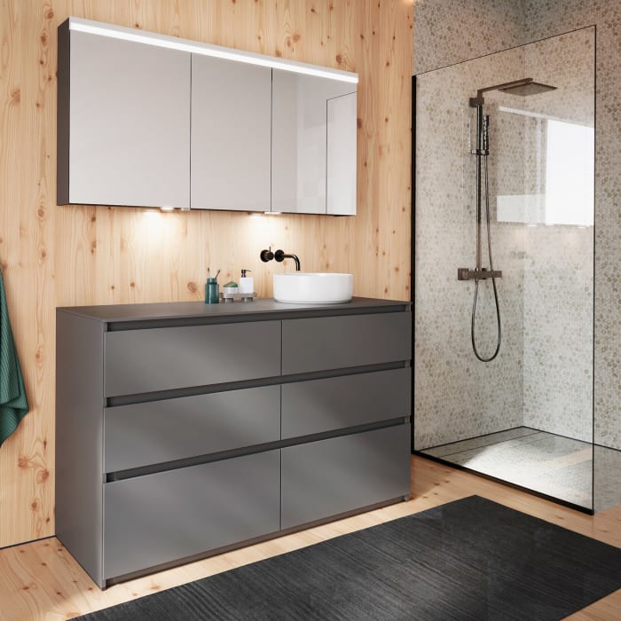 burgbad Lin20 Waschtischunterschrank mit Konsolenplatte 140 cm, 6 Auszüge, Beckenausschnitt rechts