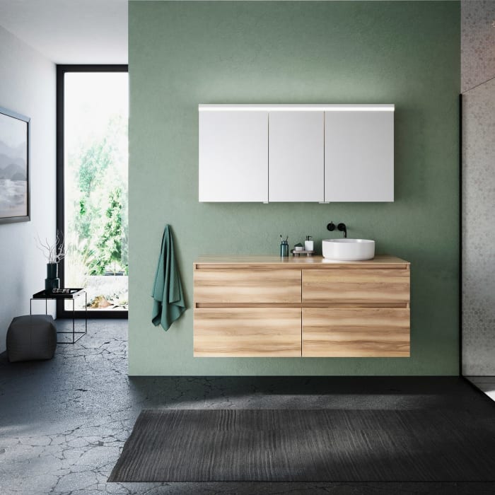 burgbad Lin20 Waschtischunterschrank mit Konsolenplatte 140 cm, 4 Auszüge, Beckenausschnitt rechts