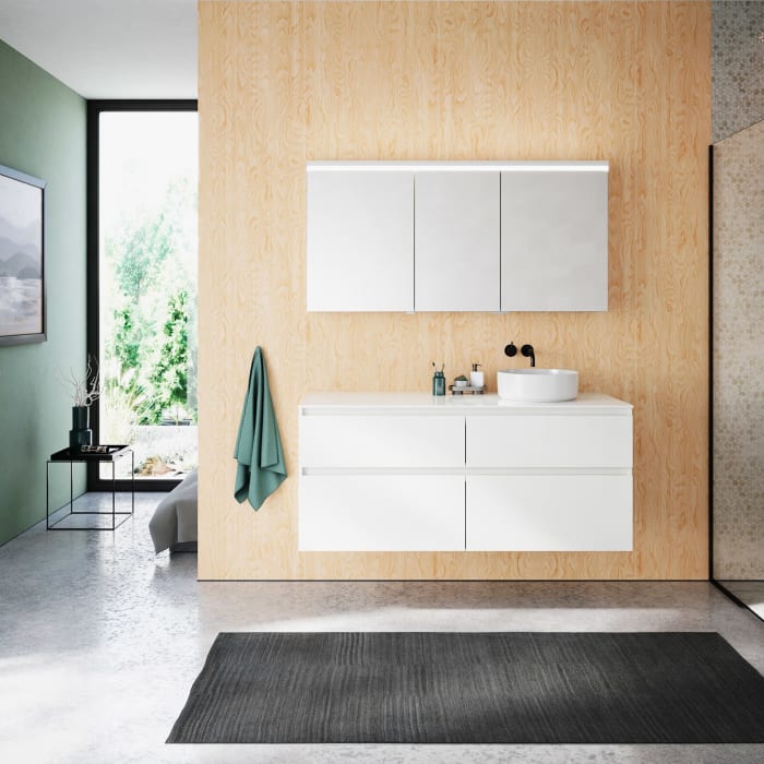 burgbad Lin20 Waschtischunterschrank mit Konsolenplatte 140 cm, 4 Auszüge, Beckenausschnitt rechts