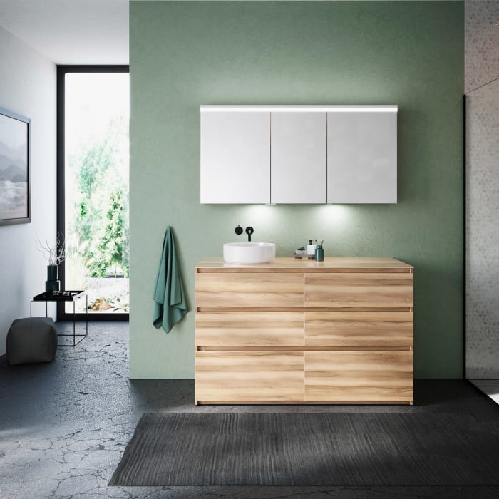 burgbad Lin20 Waschtischunterschrank mit Konsolenplatte 140 cm, 6 Auszüge, Beckenausschnitt links