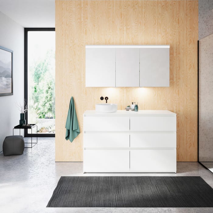 burgbad Lin20 Waschtischunterschrank mit Konsolenplatte 140 cm, 6 Auszüge, Beckenausschnitt links