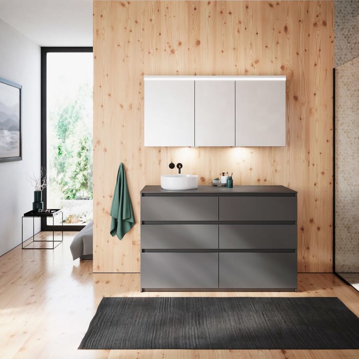 burgbad Lin20 Waschtischunterschrank mit Konsolenplatte 140 cm, 6 Auszüge, Beckenausschnitt links