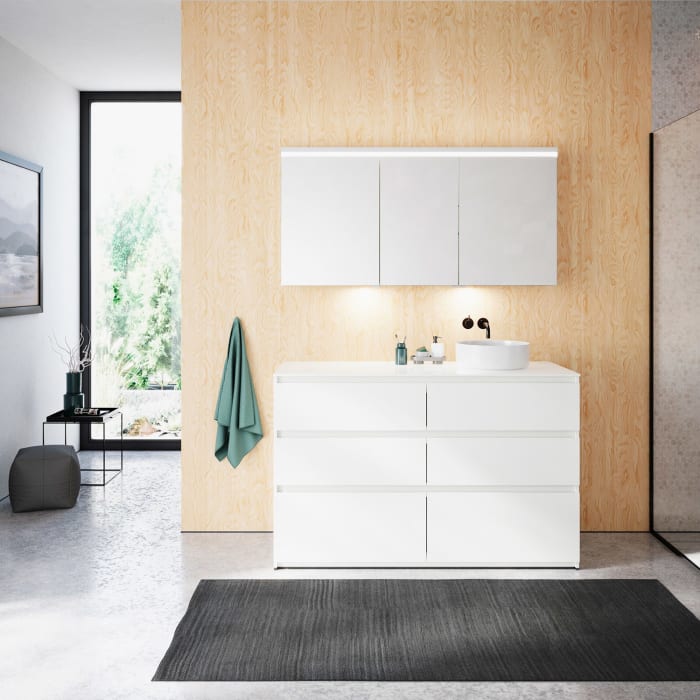 burgbad Lin20 Waschtischunterschrank mit Konsolenplatte 140 cm, 6 Auszüge, Beckenausschnitt rechts