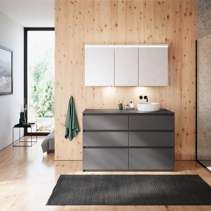 burgbad Lin20 Waschtischunterschrank mit Konsolenplatte 140 cm, 6 Auszüge, Beckenausschnitt rechts