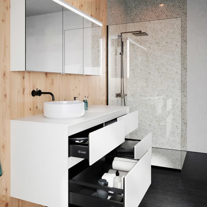 burgbad Lin20 Waschtischunterschrank mit Konsolenplatte 140 cm, 4 Auszüge, Beckenausschnitt links