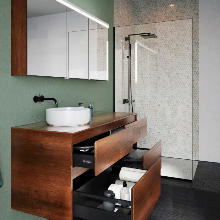 burgbad Lin20 Waschtischunterschrank mit Konsolenplatte 140 cm, 4 Auszüge, Beckenausschnitt links