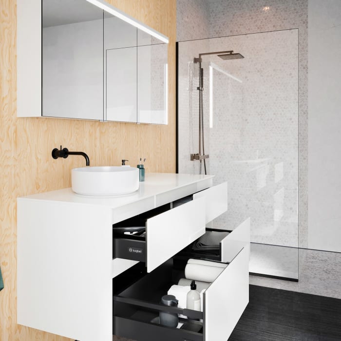 burgbad Lin20 Waschtischunterschrank mit Konsolenplatte 140 cm, 4 Auszüge, Beckenausschnitt links