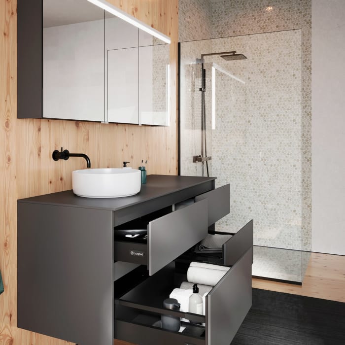 burgbad Lin20 Waschtischunterschrank mit Konsolenplatte 140 cm, 4 Auszüge, Beckenausschnitt links