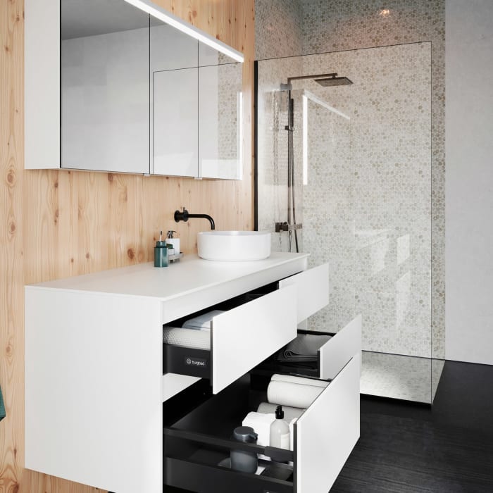 burgbad Lin20 Waschtischunterschrank mit Konsolenplatte 140 cm, 4 Auszüge, Beckenausschnitt rechts