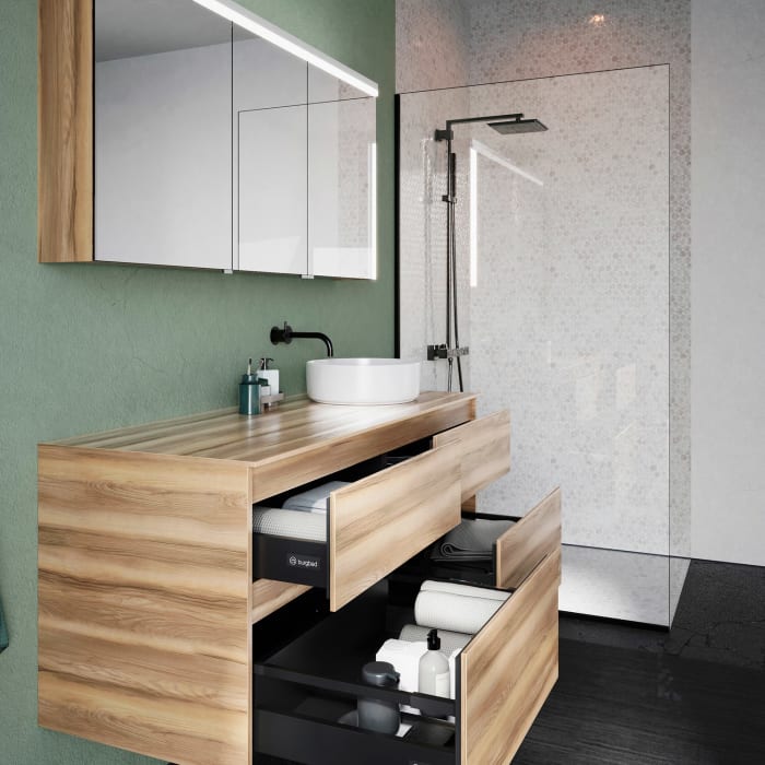 burgbad Lin20 Waschtischunterschrank mit Konsolenplatte 140 cm, 4 Auszüge, Beckenausschnitt rechts