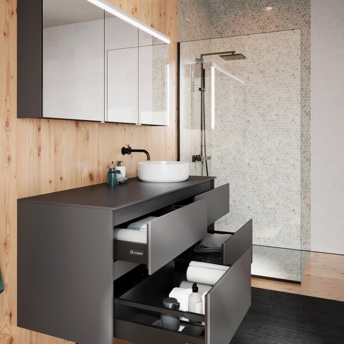 burgbad Lin20 Waschtischunterschrank mit Konsolenplatte 140 cm, 4 Auszüge, Beckenausschnitt rechts