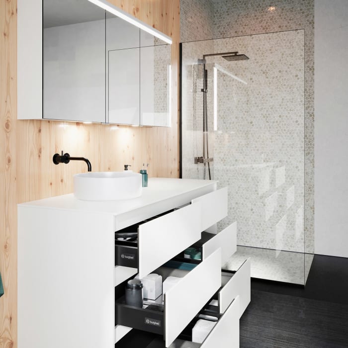 burgbad Lin20 Waschtischunterschrank mit Konsolenplatte 140 cm, 6 Auszüge, Beckenausschnitt links