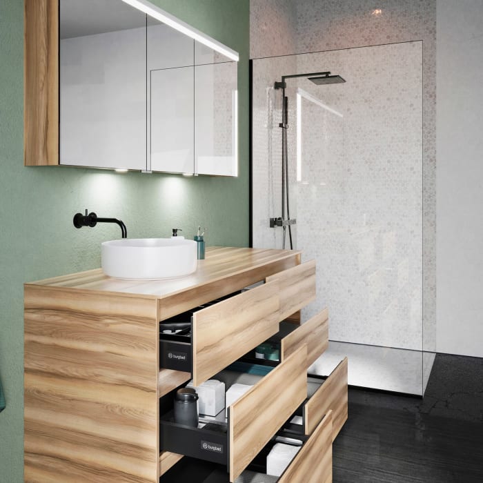 burgbad Lin20 Waschtischunterschrank mit Konsolenplatte 140 cm, 6 Auszüge, Beckenausschnitt links