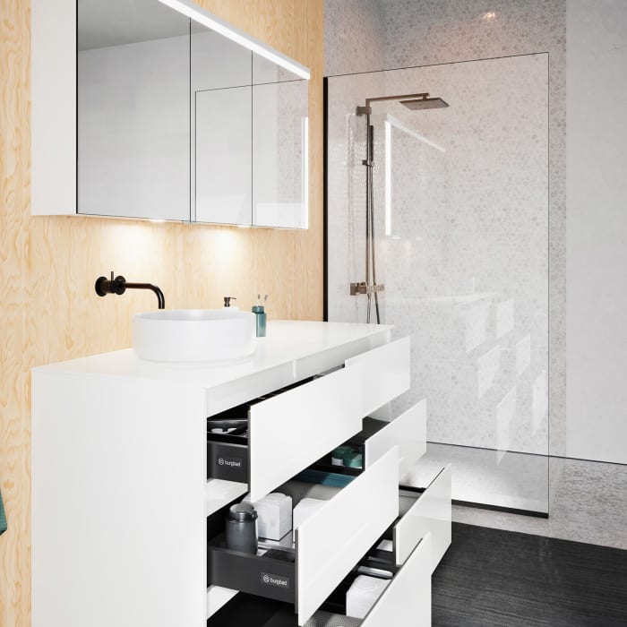 burgbad Lin20 Waschtischunterschrank mit Konsolenplatte 140 cm, 6 Auszüge, Beckenausschnitt links