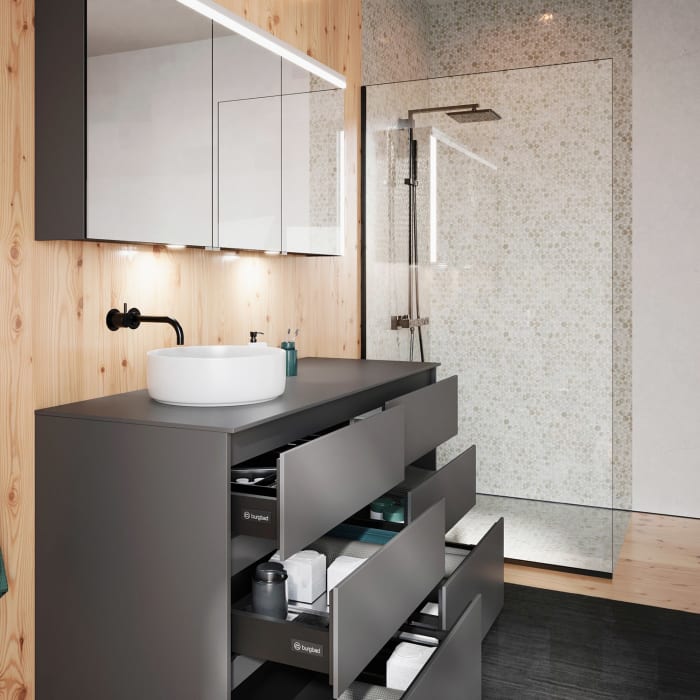 burgbad Lin20 Waschtischunterschrank mit Konsolenplatte 140 cm, 6 Auszüge, Beckenausschnitt links