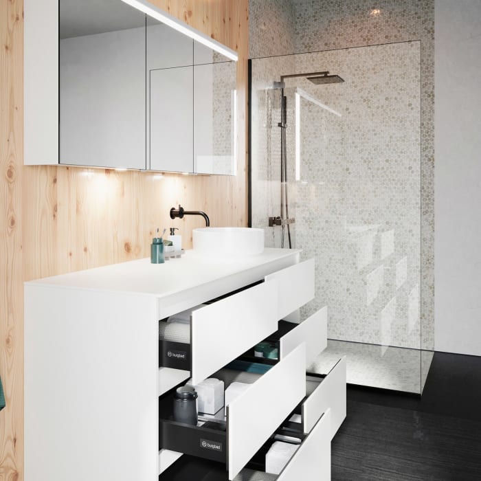 burgbad Lin20 Waschtischunterschrank mit Konsolenplatte 140 cm, 6 Auszüge, Beckenausschnitt rechts