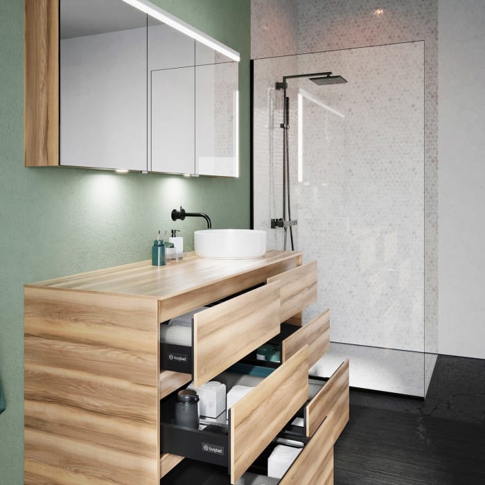 burgbad Lin20 Waschtischunterschrank mit Konsolenplatte 140 cm, 6 Auszüge, Beckenausschnitt rechts