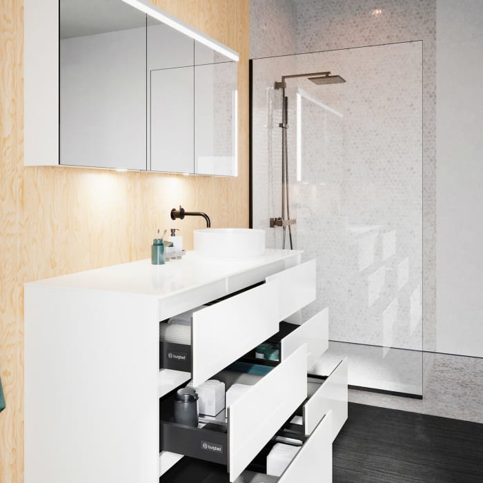 burgbad Lin20 Waschtischunterschrank mit Konsolenplatte 140 cm, 6 Auszüge, Beckenausschnitt rechts