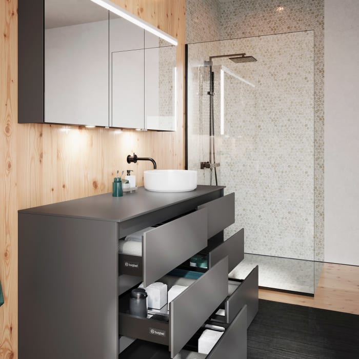 burgbad Lin20 Waschtischunterschrank mit Konsolenplatte 140 cm, 6 Auszüge, Beckenausschnitt rechts