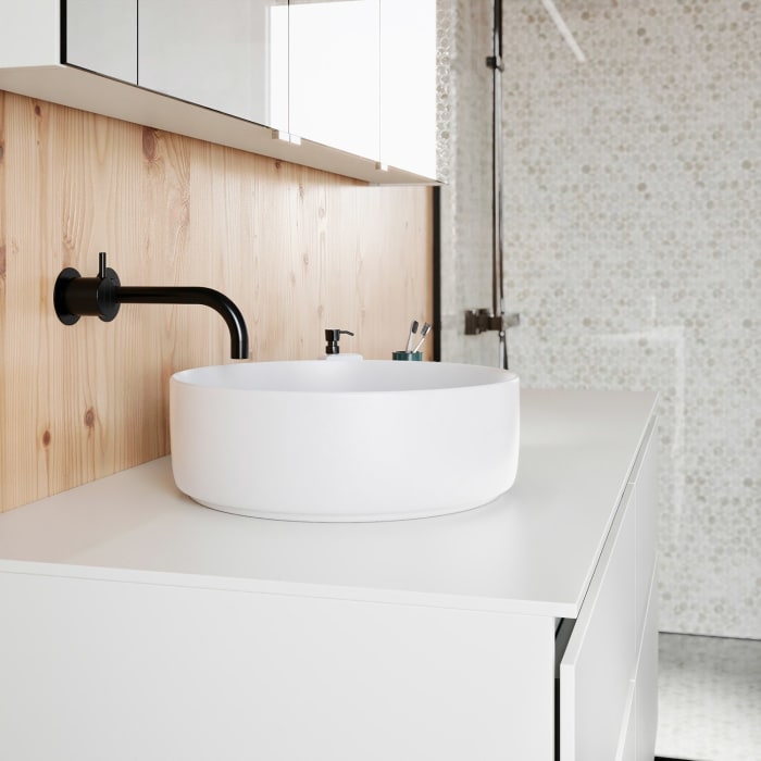 burgbad Lin20 Waschtischunterschrank mit Konsolenplatte 140 cm, 4 Auszüge, Beckenausschnitt links