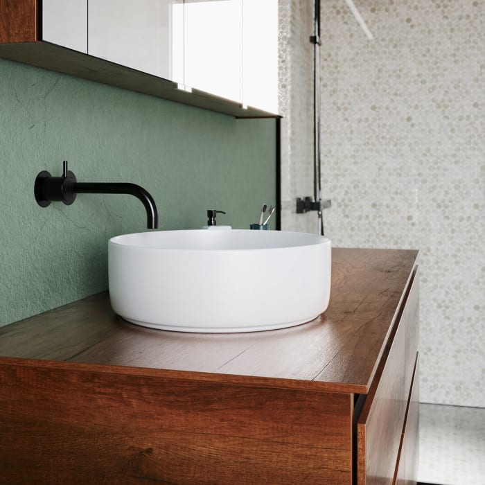 burgbad Lin20 Waschtischunterschrank mit Konsolenplatte 140 cm, 4 Auszüge, Beckenausschnitt links