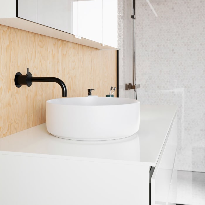 burgbad Lin20 Waschtischunterschrank mit Konsolenplatte 140 cm, 4 Auszüge, Beckenausschnitt links