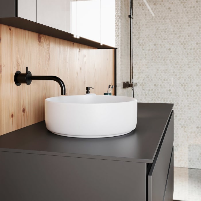 burgbad Lin20 Waschtischunterschrank mit Konsolenplatte 140 cm, 4 Auszüge, Beckenausschnitt links