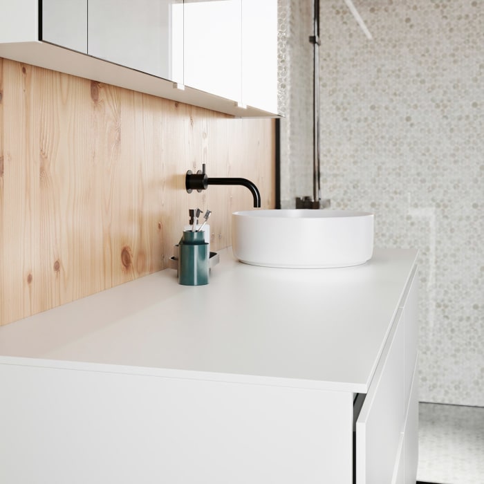 burgbad Lin20 Waschtischunterschrank mit Konsolenplatte 140 cm, 4 Auszüge, Beckenausschnitt rechts