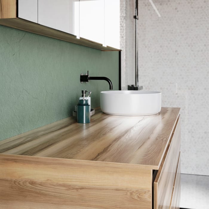 burgbad Lin20 Waschtischunterschrank mit Konsolenplatte 140 cm, 4 Auszüge, Beckenausschnitt rechts