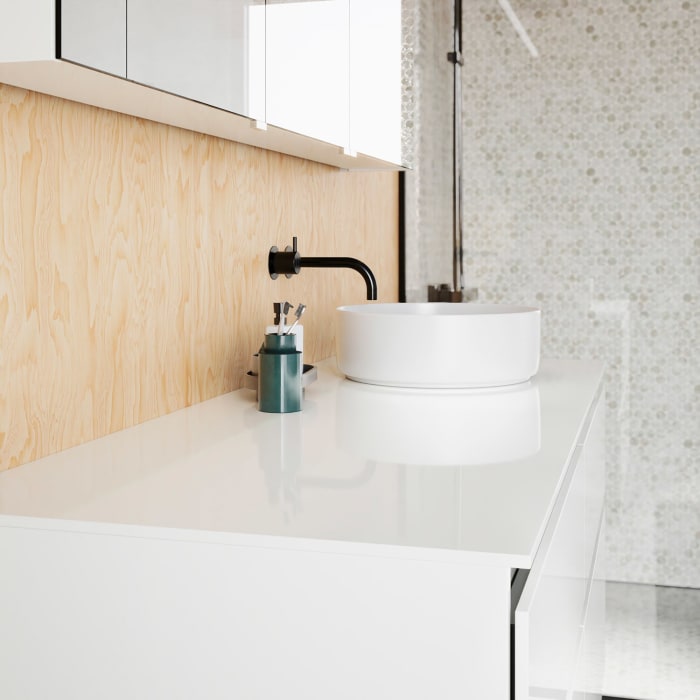 burgbad Lin20 Waschtischunterschrank mit Konsolenplatte 140 cm, 4 Auszüge, Beckenausschnitt rechts