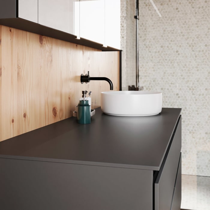 burgbad Lin20 Waschtischunterschrank mit Konsolenplatte 140 cm, 4 Auszüge, Beckenausschnitt rechts