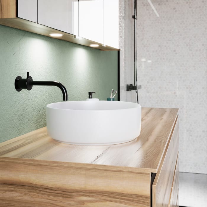 burgbad Lin20 Waschtischunterschrank mit Konsolenplatte 140 cm, 6 Auszüge, Beckenausschnitt links