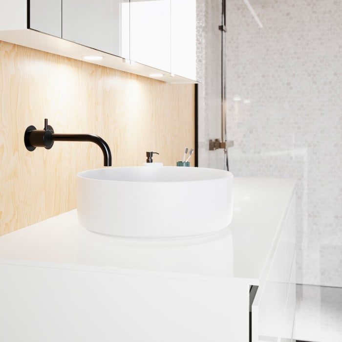 burgbad Lin20 Waschtischunterschrank mit Konsolenplatte 140 cm, 6 Auszüge, Beckenausschnitt links