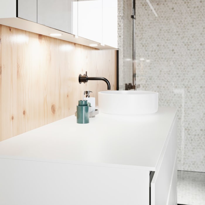 burgbad Lin20 Waschtischunterschrank mit Konsolenplatte 140 cm, 6 Auszüge, Beckenausschnitt rechts