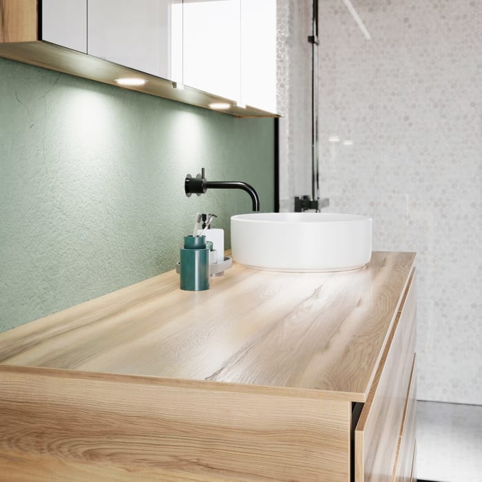 burgbad Lin20 Waschtischunterschrank mit Konsolenplatte 140 cm, 6 Auszüge, Beckenausschnitt rechts