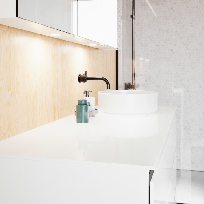 burgbad Lin20 Waschtischunterschrank mit Konsolenplatte 140 cm, 6 Auszüge, Beckenausschnitt rechts